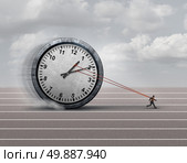 Time burden business concept as a burdened businessman or employee pulling a heavy clock as a symbol for deadline stress or schedule pressure and an icon for aging. Стоковое фото, агентство Ingram Publishing / Фотобанк Лори
