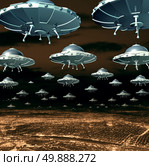 Alien invasion concept as a menacing group of invading flying saucers and spaceships over a city as science fiction ufo extraterrestrial hover crafts from outer space taking over the planet earth. Стоковое фото, агентство Ingram Publishing / Фотобанк Лори