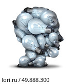 Light bulb head creativity and the power of imagination concept as a group of lightbulbs shaped as a human face as an inspiration symbol for thinking of new ideas and the inventive mind. Стоковое фото, агентство Ingram Publishing / Фотобанк Лори