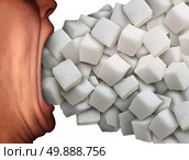Too much sugar medical concept as a person with a wide open mouth eating a large group of sweet granulated refined white sugar cubes as a metaphor for unhealthy diet habit  or food ingredient addiction. Стоковое фото, агентство Ingram Publishing / Фотобанк Лори