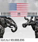 Bipartisan agreement between the republican and democrat organiization as a symbol for a two party system with a flag of the United States connecting two mountain cliffs shaped as an elephant and donkey. Стоковое фото, агентство Ingram Publishing / Фотобанк Лори