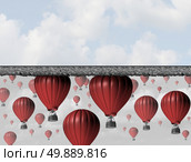 Hitting a wall and reach the limit or ceiling as a business concept for restricted opportunity and closed economic barrier to succeed as a group of air balloons trapped by a thick roof. Стоковое фото, агентство Ingram Publishing / Фотобанк Лори