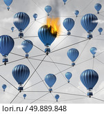 Network connection failure business concept as a burning air balloon burning up in a group of connected air balloons breaking the link in a communication structure as a 3D illustration. Стоковое фото, агентство Ingram Publishing / Фотобанк Лори