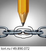Concept of strength as a disconnected chain with a pencil drawing a link to unite the 3D illustration object as a business concept of connection and creative team management. Стоковое фото, агентство Ingram Publishing / Фотобанк Лори