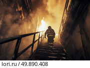 A firefighter in full gear carefully walks down a flight of stairs during an emergency response mission. Стоковое AI-изображение, AI-художник Данила Большаков / Фотобанк Лори