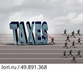 Tax burden business concept as a slow burdened taxpayer pulling a heavy rock shaped as a 3D illustration taxes text as other people run on a path. Стоковое фото, агентство Ingram Publishing / Фотобанк Лори