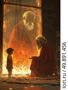 A young boy stands next to an elderly man, showing a generational contrast. Стоковое AI-изображение, AI-художник Данила Большаков / Фотобанк Лори