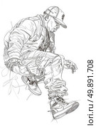 A drawing of a man skillfully executing a trick on a skateboard, showcasing his balance and agility. Стоковое AI-изображение, AI-художник Данила Большаков / Фотобанк Лори