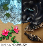 Environmental concept with a clean beach with natural plants and a dark contrasting opposite side with an oil spill disaster with dead fish and medical waste pollution with 3D illustration elements. Стоковое фото, агентство Ingram Publishing / Фотобанк Лори