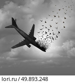 Plane Disappearance and missing flight concept as a plunging crashing airplane falling apart in the sky and tranforming into flying birds as a metaphor for aviation tragedy with 3D illustration elements. Стоковое фото, агентство Ingram Publishing / Фотобанк Лори