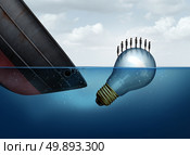 Business rescue solution as a sinking ship and a floating lightbulb rescuing businesspeople as an insurance metaphor for surviving tough times as a group with 3D illustration elements. Стоковое фото, агентство Ingram Publishing / Фотобанк Лори