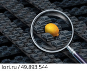 Driving a lemon car concept as a magnifying glass focusing on a group of automobiles on a highway with a yellow citrus fruit as a vehicle as a symbol for defective auto with 3D illustration elements. Стоковое фото, агентство Ingram Publishing / Фотобанк Лори