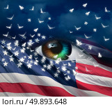 Grief and sorrow in America concept as a diverse human eye with the flag of the United Staes with doves emerging out of the stars as a mourning symbol due to tragedy or violence in a 3D illustration style. Стоковое фото, агентство Ingram Publishing / Фотобанк Лори