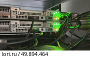 A video of two industrial servers in full operation, captured from the rear to showcase the complex tangle of network cables, blinking status lights, and robust cooling systems. Стоковое видео, видеограф Виктор Ветошкин / Фотобанк Лори