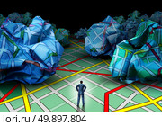 Business destination strategy concept as a businessman standing on a road map facing a background of crumpled paper maps as a guidance and advice metaphor in a 3D illustration style. Стоковое фото, агентство Ingram Publishing / Фотобанк Лори