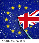 Britain leave or leaving European Union concept and decision as a brexit and UK independence vote or Euro zone crisis as a wiper washing away the Europe flag to expose the british flag as a 3D illustration. Стоковое фото, агентство Ingram Publishing / Фотобанк Лори