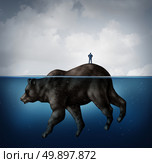 Hidden bear market financial concept as a naive or unsuspecting businessman standing on an island that turns out to be an animal underwater as a metaphor for unknown economic signs of a slowdown in a 3D illustration style. Стоковое фото, агентство Ingram Publishing / Фотобанк Лори