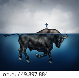 Search for investing prosperity success and hidden bullish market financial concept as a confused and lost businessman standing on an island as a bull underwater as a metaphor for unknown economy trend in a 3D illustration style. Стоковое фото, агентство Ingram Publishing / Фотобанк Лори