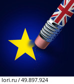 Britain European union exit decision as a brexit leave concept and UK leaving vote or Euro zone crisis as a pencil with the british flag erasing a star of the Europe icon as a 3D illustration. Стоковое фото, агентство Ingram Publishing / Фотобанк Лори