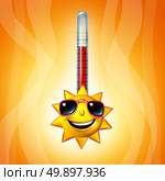 Hot sun thermometer temperature as a heat wave concept as a yellow character representing record breaking extreme hot weather symbol during summer season as a 3D illustration. Стоковое фото, агентство Ingram Publishing / Фотобанк Лори