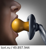 Immaturity concept and childish behavior symbol as a person sucking on a giant baby pacifier as a psychology metaphor for not letting go or calming and managing stress with 3D illustration elements. Стоковое фото, агентство Ingram Publishing / Фотобанк Лори
