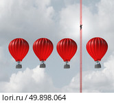 Alternate business route concept as a businessman climbing a long ladder above a group of air balloons as an innovative thinking metaphore with 3D illustration elements. Стоковое фото, агентство Ingram Publishing / Фотобанк Лори