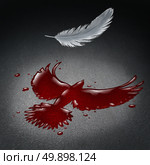 Security crisis concept as blood on a street shaped as a flying peace dove with a white feather falling down as a violence and war metaphor for society tragedy and global disaster with victims in a 3D illustration style. Стоковое фото, агентство Ingram Publishing / Фотобанк Лори