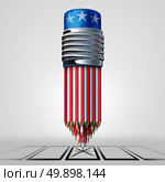 United States vote and voter concept as a group of pencils with white red and blue American colors casting a voting choice on a paper ballot as an election campaign symbol as a 3D illustration. Стоковое фото, агентство Ingram Publishing / Фотобанк Лори