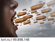 Fight with words social issue concept as a person screaming with bullets flying out of the mouth as a metaphor for strong communication and aggressive shouting with 3D illustration elements. Стоковое фото, агентство Ingram Publishing / Фотобанк Лори