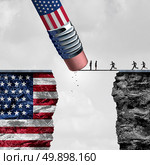 United States border isolationism and protectionism or American immigration refugee crisis as people running to cross a bridge that is being erased by a pencil with a US flag on a cliff as a social issue on refugees or illegal immigrants with 3D illustration elements. Стоковое фото, агентство Ingram Publishing / Фотобанк Лори