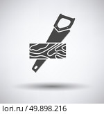Handsaw cutting a plank icon on gray background, round shadow. Vector illustration. Стоковая иллюстрация, агентство Ingram Publishing / Фотобанк Лори