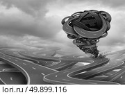 Business crisis risk and stress as a destructive tornado or cyclone storm shaped with roads destroying opportunity and growing financial fear as a 3D illustration. . Стоковое фото, агентство Ingram Publishing / Фотобанк Лори