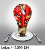 Seafood idea and thinking sea food menu ideas as shellfish crustacean and fish grouped together shaped as a lightbulb or light bulb symbol on a diner plate with lobster clams mussels shrimp octopus and sardines as a cooking inspiration metaphor. Стоковое фото, агентство Ingram Publishing / Фотобанк Лори