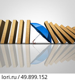 Protect losses concept and shielding incoming disaster as an umbrella stopping the domino effect or falling dominos as a business guarantee metaphor as a 3D illustration. Стоковое фото, агентство Ingram Publishing / Фотобанк Лори