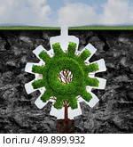 Custom business concept as a tree shaped as a gear or cog growing and adapting between two cliffs with a perfect fit as an industry growth idea with 3D illustration elements. Стоковое фото, агентство Ingram Publishing / Фотобанк Лори