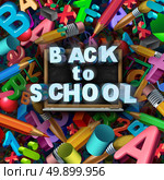 Back to school concept as a group of classroom teaching and learning supplies and education symbols with a chalkboard as an icon for the start of a new academic year for elementary or grade schools as a 3D illustration. Стоковое фото, агентство Ingram Publishing / Фотобанк Лори