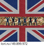 Inside Britain economy of British industry concept as a group of diverse men and women lifting up a brick wall exposing the economic gears and cogs with 3D illustration elements. Стоковое фото, агентство Ingram Publishing / Фотобанк Лори