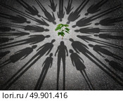 People protecting the environment and humanity joining together to provide safety to a young vulnerable sapling tree as the cast shadows of diverse community members surrounding a green plant in a 3D illustration style. Стоковое фото, агентство Ingram Publishing / Фотобанк Лори