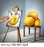 Make lemonade out of lemons positive motivational and inspirational quote symbol as a person interpreting a group of lemon fruits as a painting of a jug of lemonade as a concept fot optimism with 3D illustration elements. Стоковое фото, агентство Ingram Publishing / Фотобанк Лори