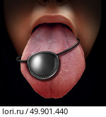 Information piracy concept as a human tongue with a pirate eye patch as a communication metaphor for a secret informant sharing private data as a revolutionary speech or whistle blower icon with 3D illustration elements. Стоковое фото, агентство Ingram Publishing / Фотобанк Лори