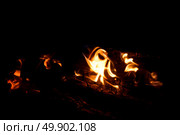Burning Flames Lick Pieces of Wood in the Dark Outdoors. Стоковое фото, фотограф Aleksandr Golubev / Фотобанк Лори
