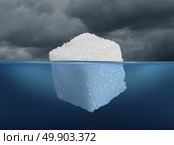 Sugar risk and hidden dietary medical danger concept as an iceberg made from a sugar cube as risky sweet granulated refined sweetener as a metaphor for the underlying hazard of diabetes or unhealthy diet habit in a 3D illustration style. Стоковое фото, агентство Ingram Publishing / Фотобанк Лори