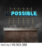 Impossible to possible concept as an illuminated billboard text sign with two letters with lights off as a success metaphor for possibilities and positive success thinking as a 3D illustration. Стоковое фото, агентство Ingram Publishing / Фотобанк Лори