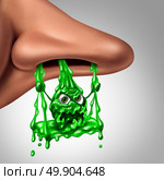 Funny mucus snot character concept as a runny nose with dangling green liquid shaped as a swing dripping out of a nostril as a medical illness symbol for sinus or nasal infection with 3D illustration elements. Стоковое фото, агентство Ingram Publishing / Фотобанк Лори