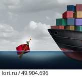 Trade deficit business concept as a freight liner transporting huge cargo contrasted with one businessman rowing a single container in the ocean as an economic imbalance metaphor with 3D illustration elements. Стоковое фото, агентство Ingram Publishing / Фотобанк Лори
