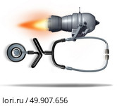 Fast medical service concept as a jet engine quickly moving a doctor stethoscope as a health care symbol for urgent hospital care or faster clinical services as a 3D illustration. Стоковое фото, агентство Ingram Publishing / Фотобанк Лори