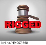 Concept of fraud and corrupt system giving an unfair advantage as text with the word rigged with a justice mallet as a metaphor for unfair illegal fraudulent behavior as a 3D illustration. Стоковое фото, агентство Ingram Publishing / Фотобанк Лори