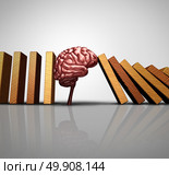 Thinking solution concept and creative innovation idea as a human brain stopping the fall of domino pieces as a psychology or mental health research success with 3D illustration elements. Стоковое фото, агентство Ingram Publishing / Фотобанк Лори