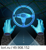 Autonomous driver technology concept and driverless automobile symbol as a digital driver with binary code on a road with hands off the steering wheel as intelligent transport computing with 3D illustration elements. Стоковое фото, агентство Ingram Publishing / Фотобанк Лори