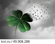 Losing luck or spreading good fortune concept as a four leaf clover transforming into flying birds as a surreal communication metaphor for financial and life success or decay loss and failure  with 3D illustration elements. Стоковое фото, агентство Ingram Publishing / Фотобанк Лори